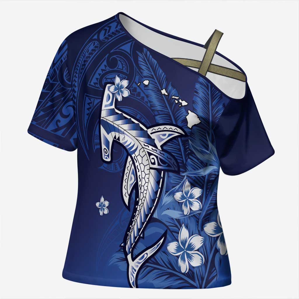 Personalized Hawaiian Maori Hammerhead Shark Cross Shoulder Shirt Polu Plumeria - Polynesian Pride