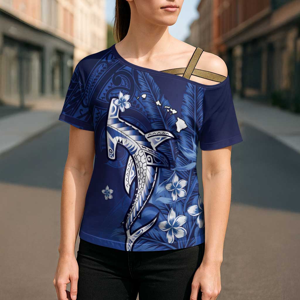 Personalized Hawaiian Maori Hammerhead Shark Cross Shoulder Shirt Polu Plumeria - Polynesian Pride