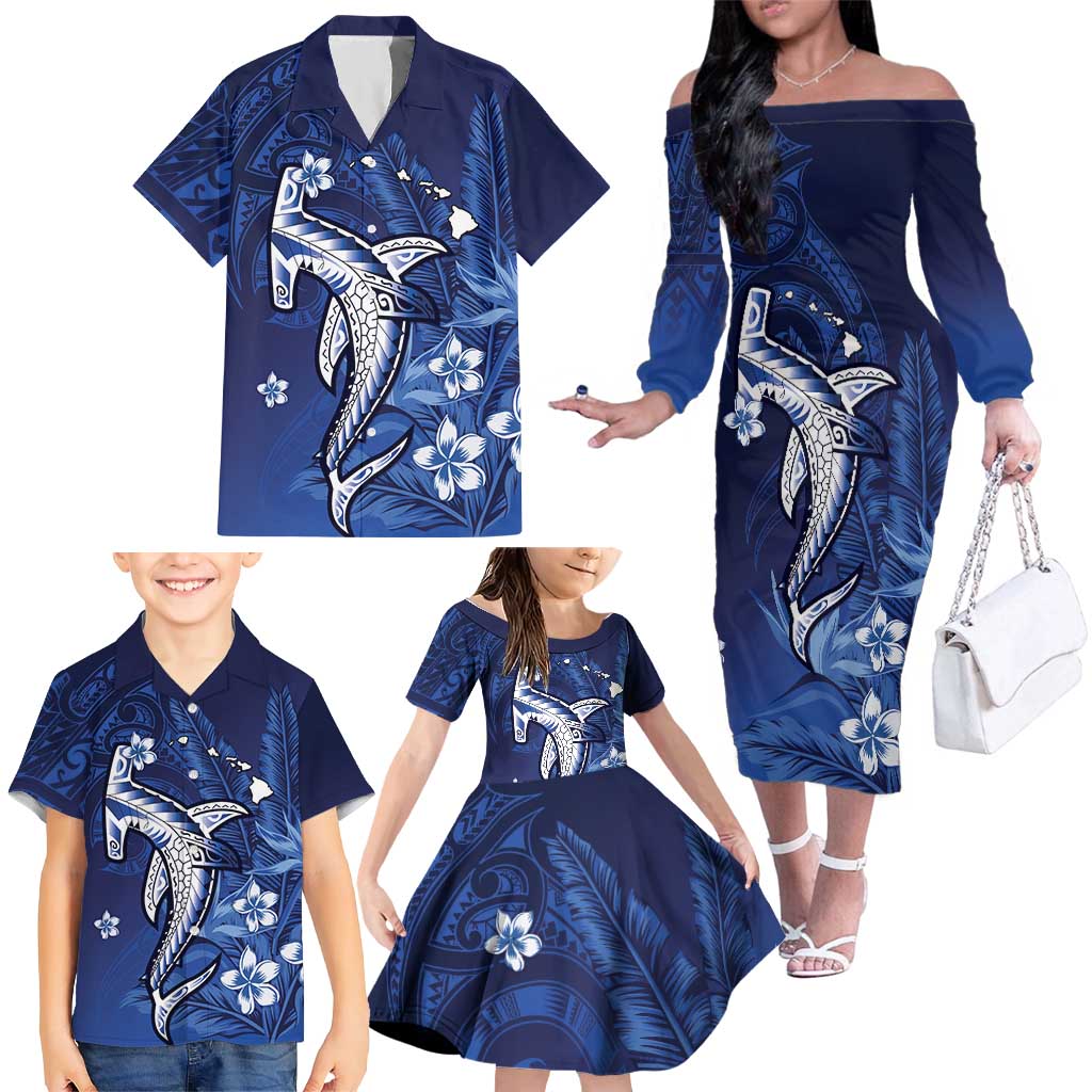 Personalized Hawaiian Maori Hammerhead Shark Family Matching Off The Shoulder Long Sleeve Dress and Hawaiian Shirt Polu Plumeria - Polynesian Pride