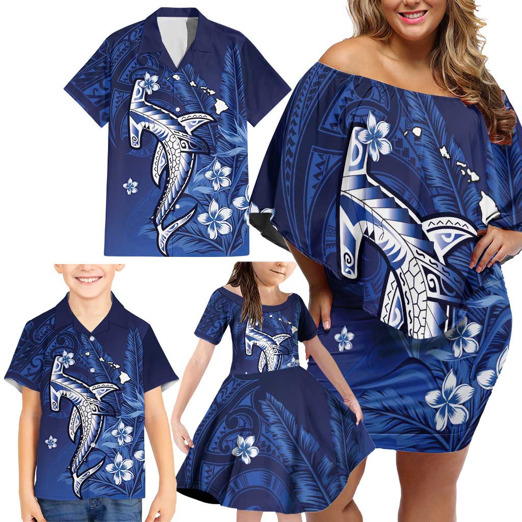 Personalized Hawaiian Maori Hammerhead Shark Family Matching Off Shoulder Short Dress and Hawaiian Shirt Polu Plumeria - Polynesian Pride