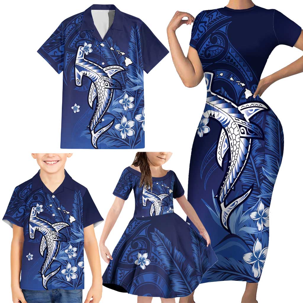 Personalized Hawaiian Maori Hammerhead Shark Family Matching Short Sleeve Bodycon Dress and Hawaiian Shirt Polu Plumeria - Polynesian Pride