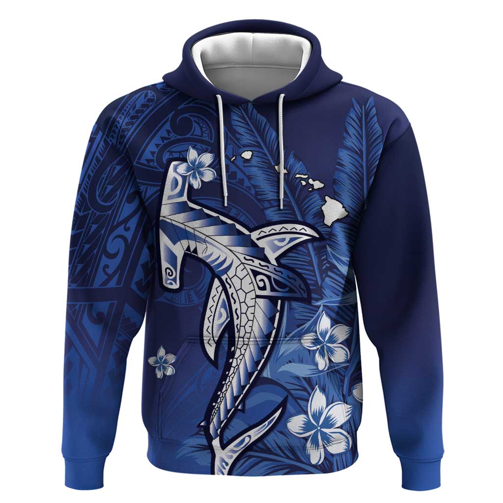 Personalized Hawaiian Maori Hammerhead Shark Hoodie Polu Plumeria LT9 Pullover Hoodie Blue - Polynesian Pride