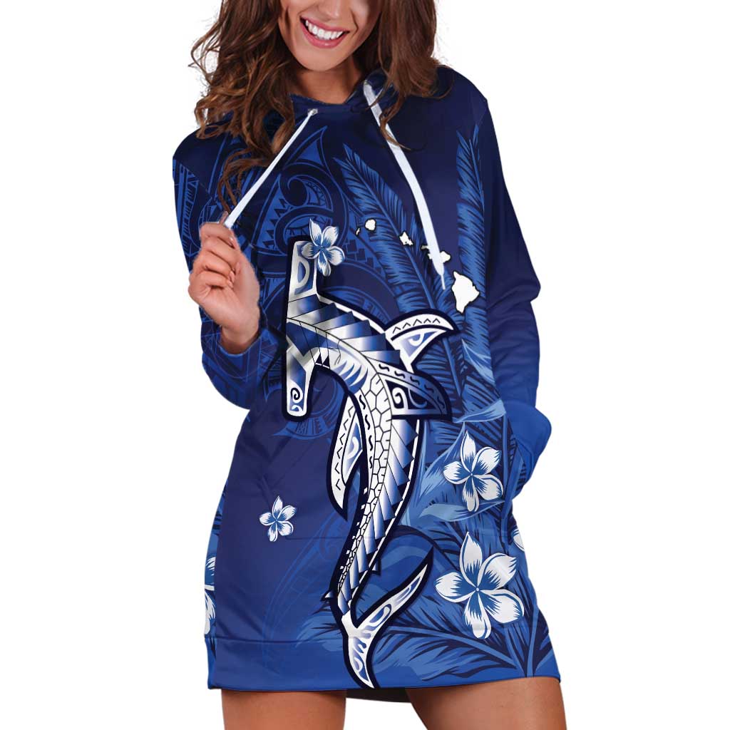 Personalized Hawaiian Maori Hammerhead Shark Hoodie Dress Polu Plumeria LT9 Blue - Polynesian Pride