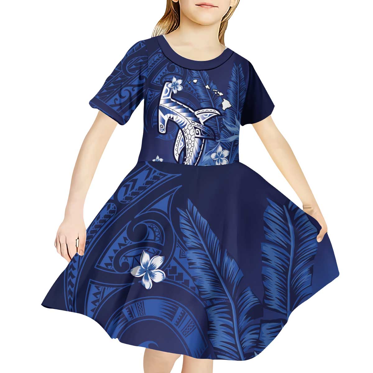 Personalized Hawaiian Maori Hammerhead Shark Kid Short Sleeve Dress Polu Plumeria LT9 - Polynesian Pride