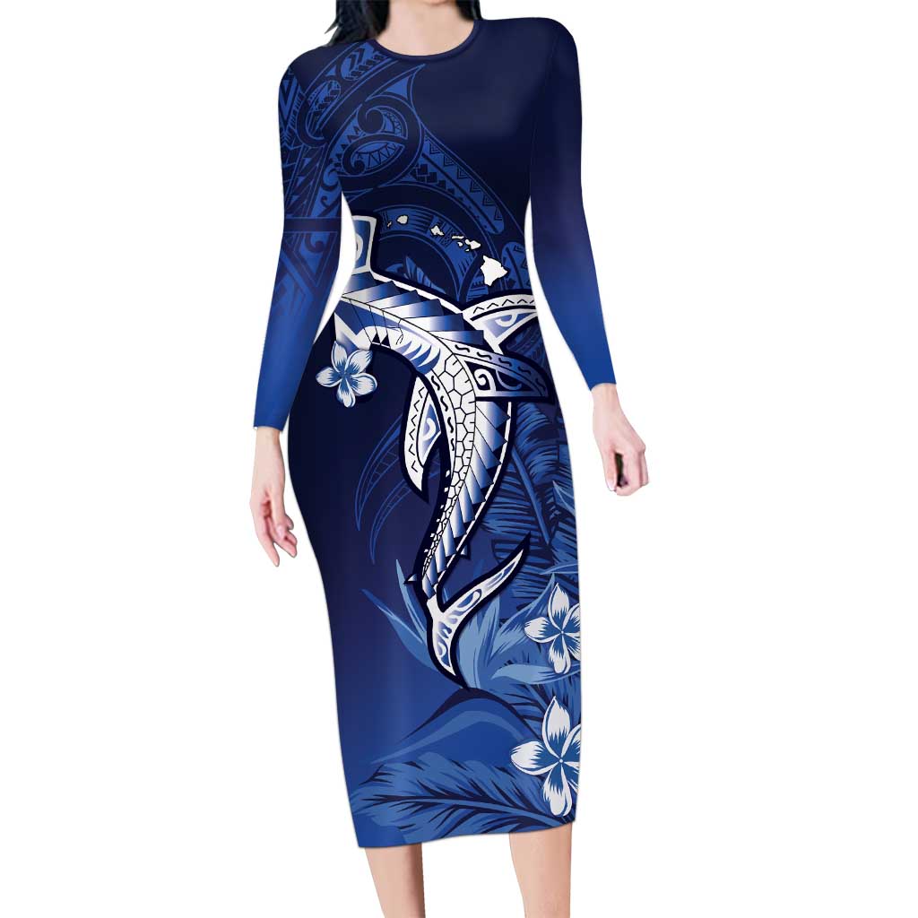 Personalized Hawaiian Maori Hammerhead Shark Long Sleeve Bodycon Dress Polu Plumeria - Polynesian Pride