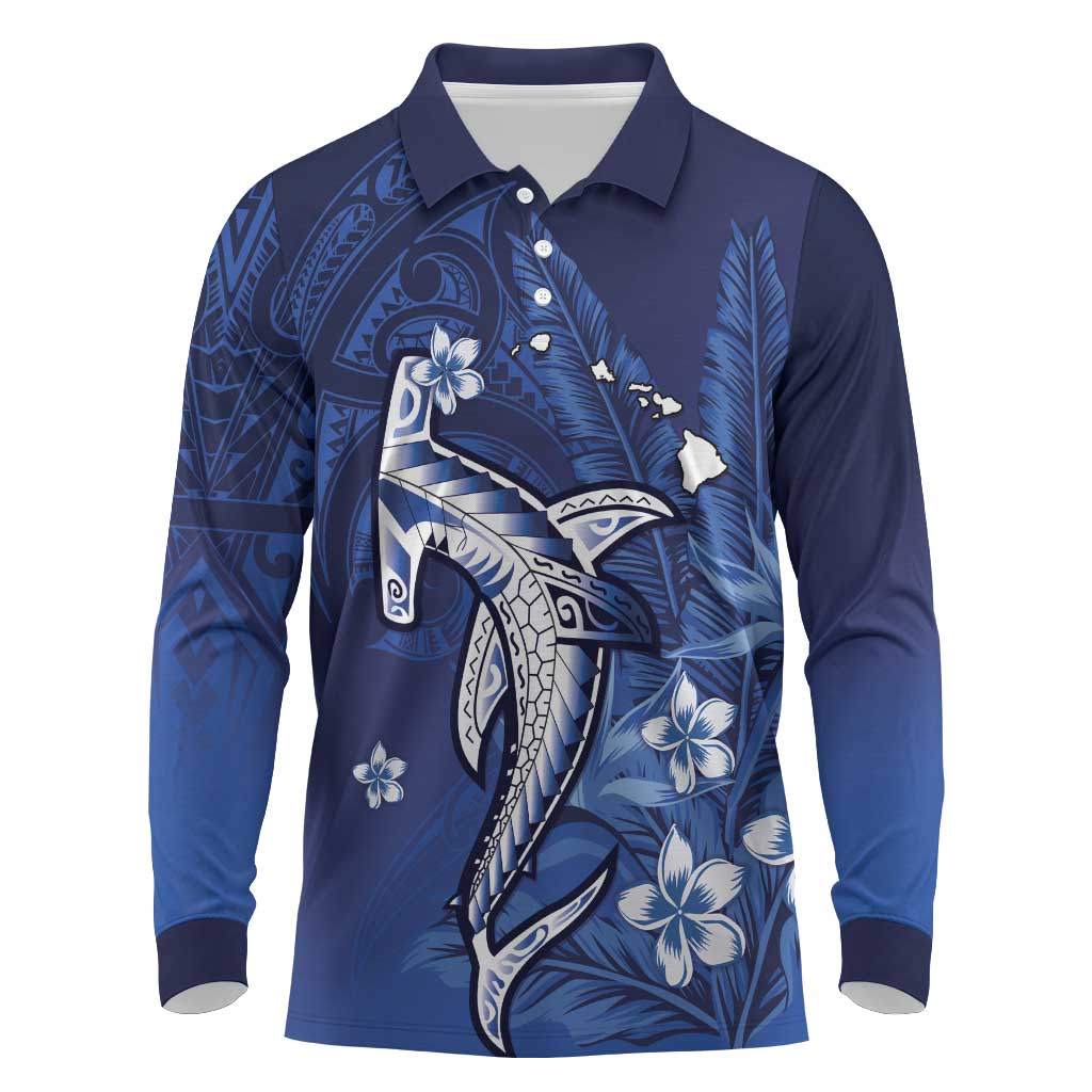 Personalized Hawaiian Maori Hammerhead Shark Long Sleeve Polo Shirt Polu Plumeria - Polynesian Pride
