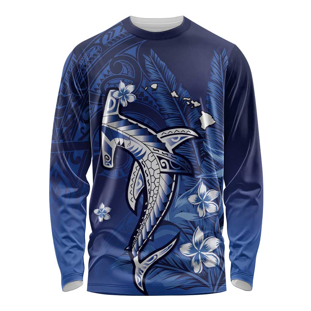 Personalized Hawaiian Maori Hammerhead Shark Long Sleeve Shirt Polu Plumeria LT9 Unisex Blue - Polynesian Pride