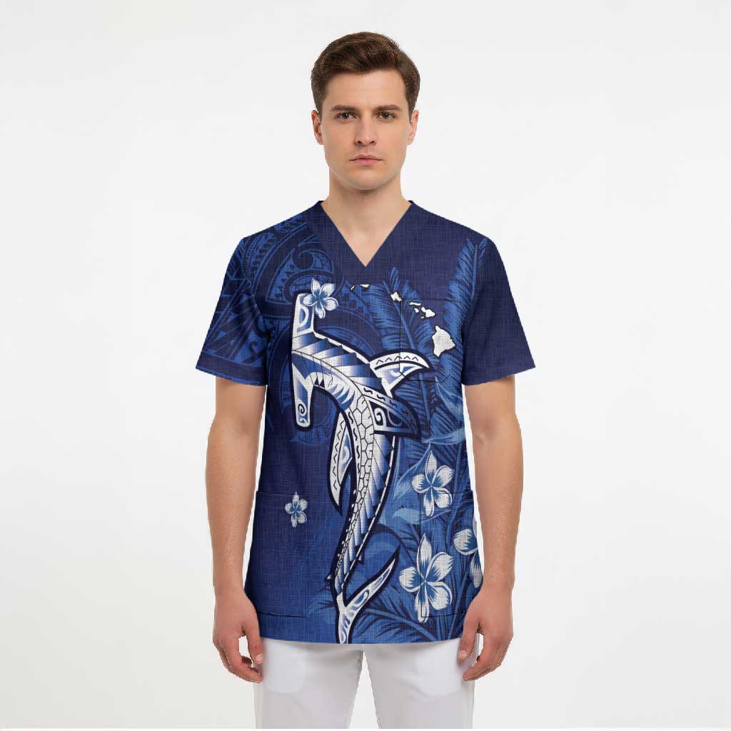 Personalized Hawaiian Maori Hammerhead Shark Scrub Top Polu Plumeria - Polynesian Pride