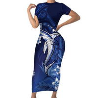 Personalized Hawaiian Maori Hammerhead Shark Short Sleeve Bodycon Dress Polu Plumeria - Polynesian Pride