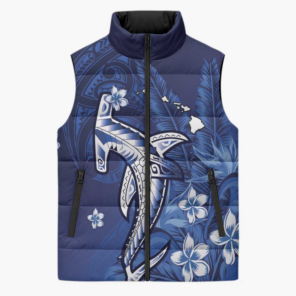 Personalized Hawaiian Maori Hammerhead Shark Sleeveless Puffer Jacket Polu Plumeria - Polynesian Pride