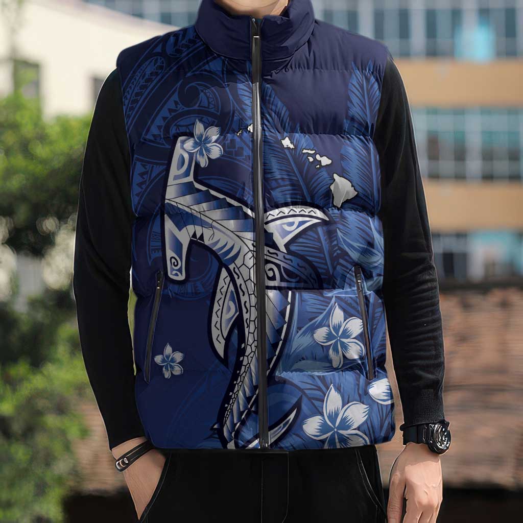 Personalized Hawaiian Maori Hammerhead Shark Sleeveless Puffer Jacket Polu Plumeria - Polynesian Pride