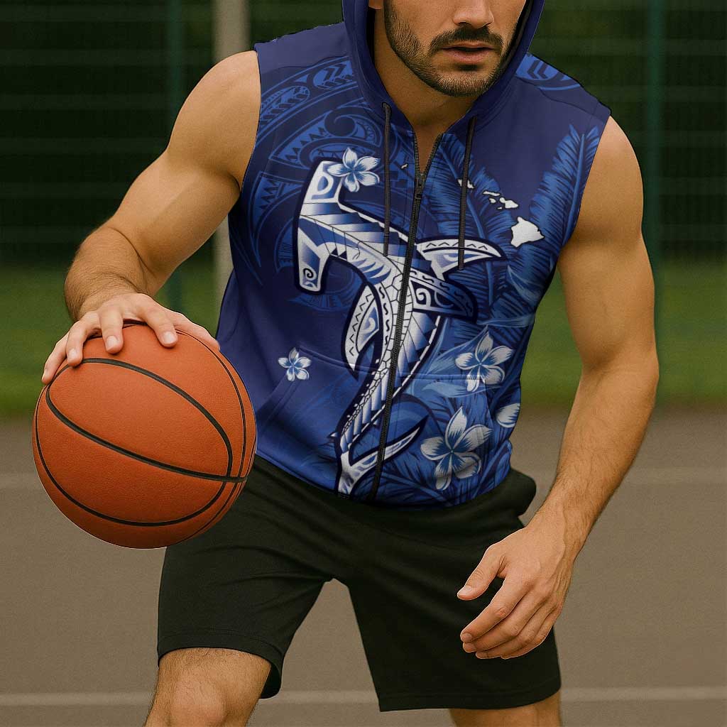 Personalized Hawaiian Maori Hammerhead Shark Sleeveless Zip Hoodie Polu Plumeria - Polynesian Pride