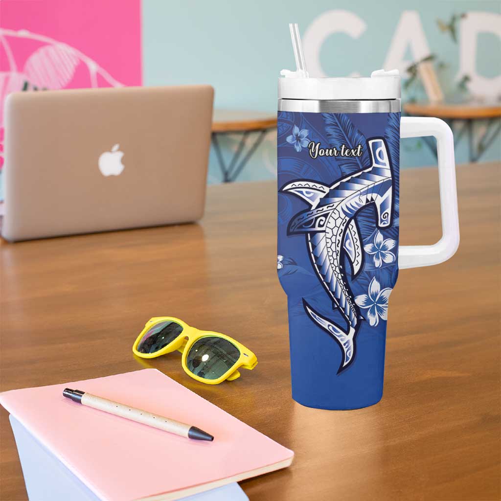 Personalized Hawaiian Maori Hammerhead Shark Tumbler With Handle Polu Plumeria - Polynesian Pride