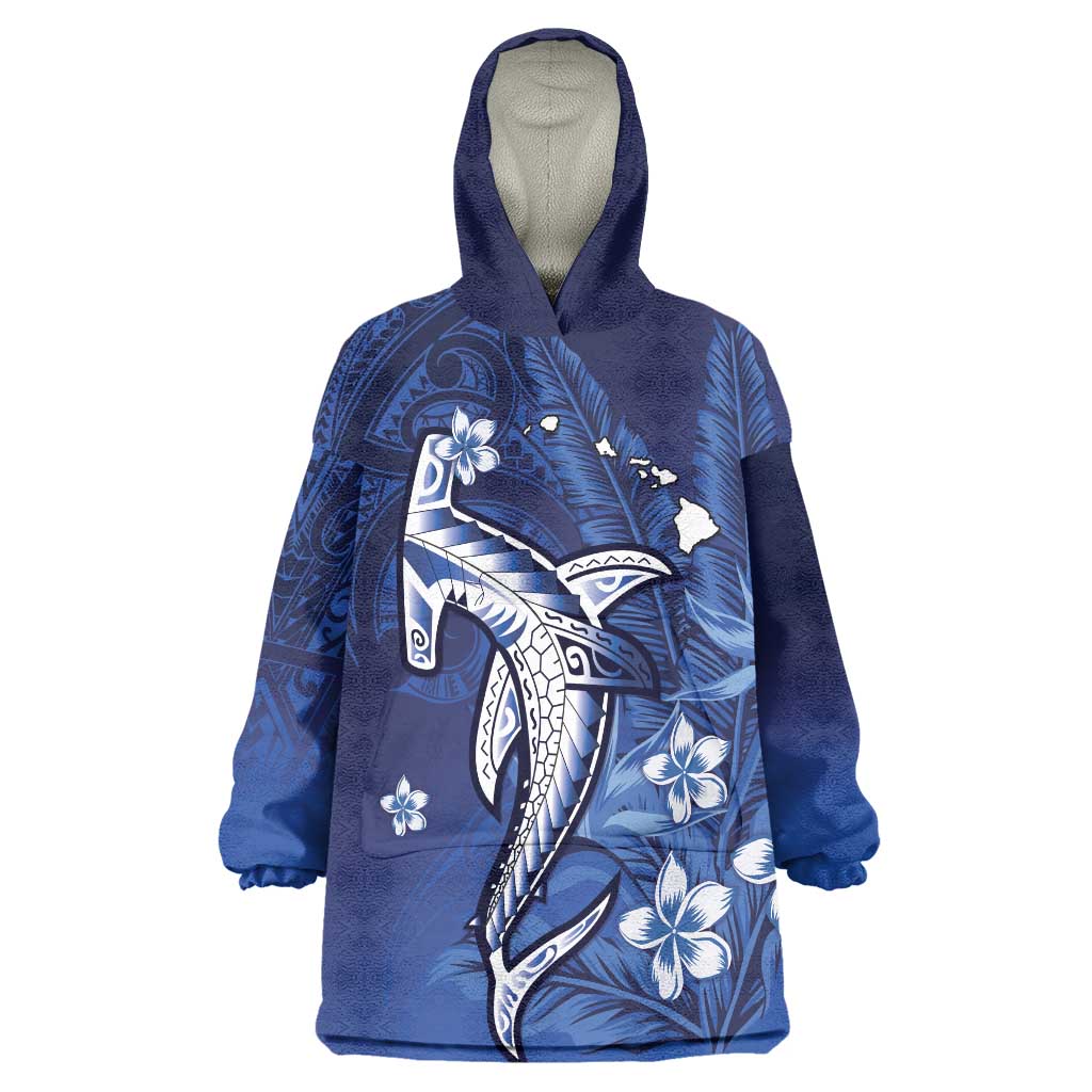 Personalized Hawaiian Maori Hammerhead Shark Wearable Blanket Hoodie Polu Plumeria LT9 One Size Blue - Polynesian Pride