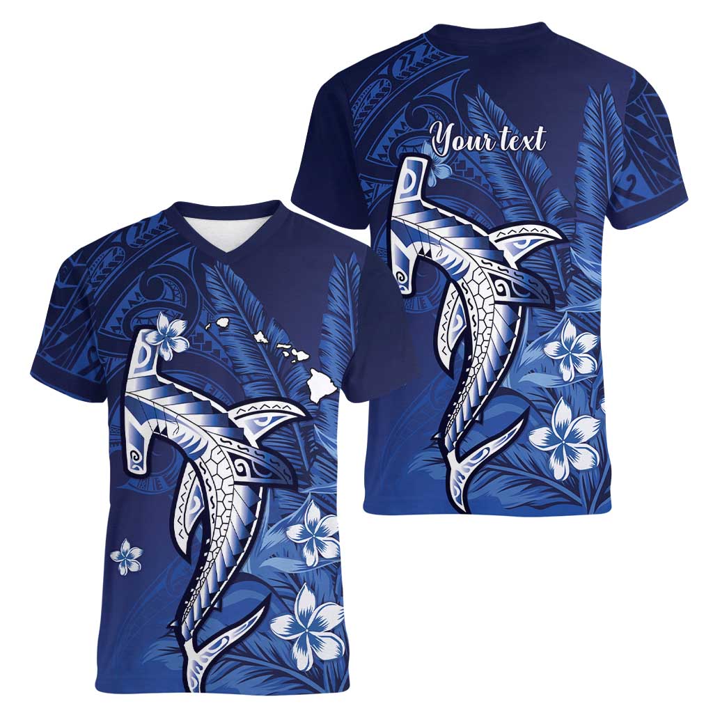 Personalized Hawaiian Maori Hammerhead Shark Women V-Neck T-Shirt Polu Plumeria - Polynesian Pride