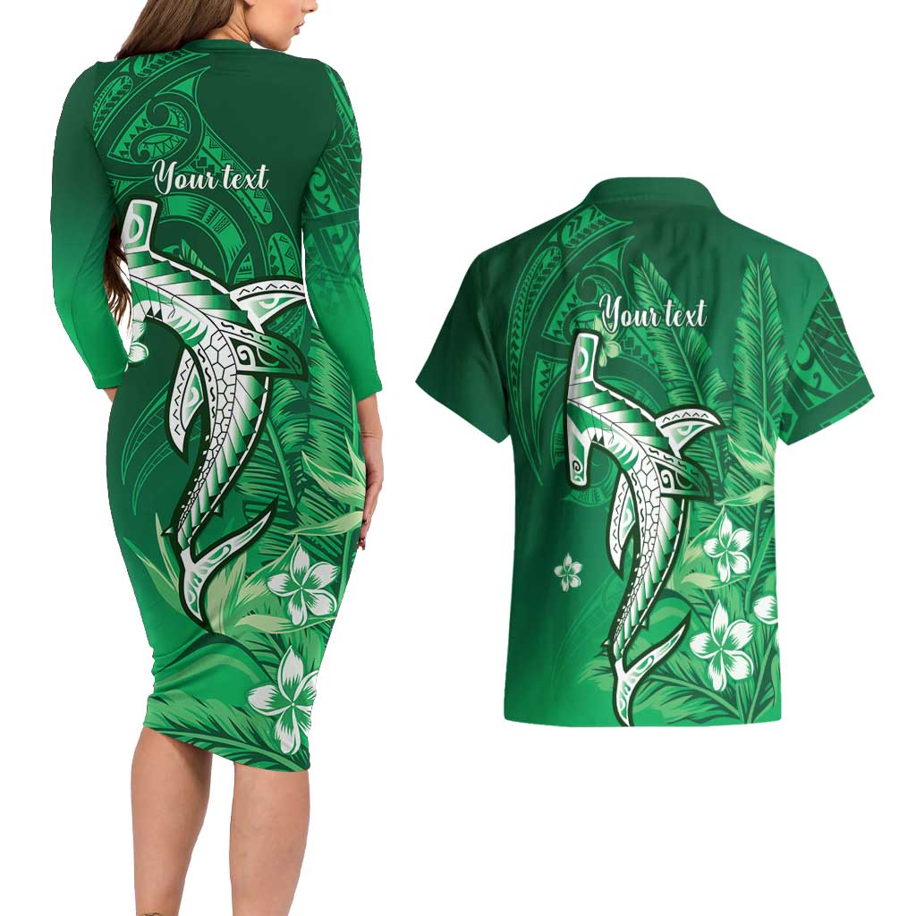 Personalized Hawaiian Maori Hammerhead Shark Couples Matching Long Sleeve Bodycon Dress and Hawaiian Shirt Omaomao Plumeria - Polynesian Pride