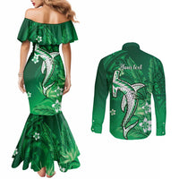 Personalized Hawaiian Maori Hammerhead Shark Couples Matching Mermaid Dress and Long Sleeve Button Shirt Omaomao Plumeria - Polynesian Pride