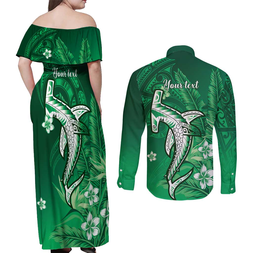Personalized Hawaiian Maori Hammerhead Shark Couples Matching Off Shoulder Maxi Dress and Long Sleeve Button Shirt Omaomao Plumeria - Polynesian Pride