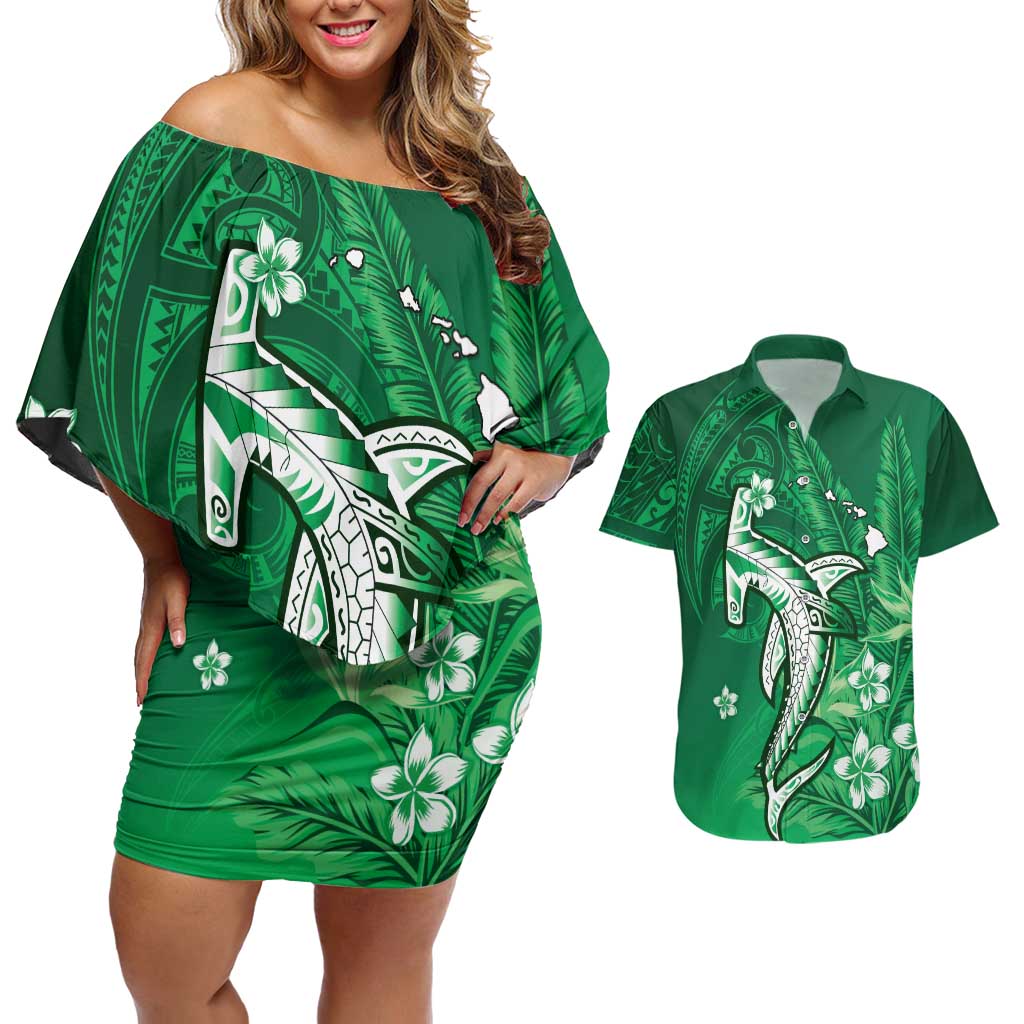 Personalized Hawaiian Maori Hammerhead Shark Couples Matching Off Shoulder Short Dress and Hawaiian Shirt Omaomao Plumeria - Polynesian Pride