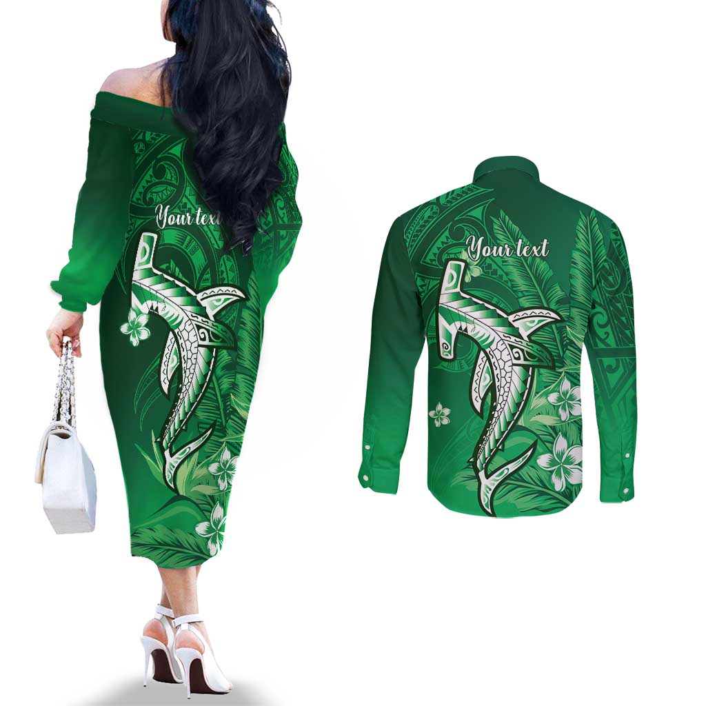 Personalized Hawaiian Maori Hammerhead Shark Couples Matching Off The Shoulder Long Sleeve Dress and Long Sleeve Button Shirt Omaomao Plumeria - Polynesian Pride