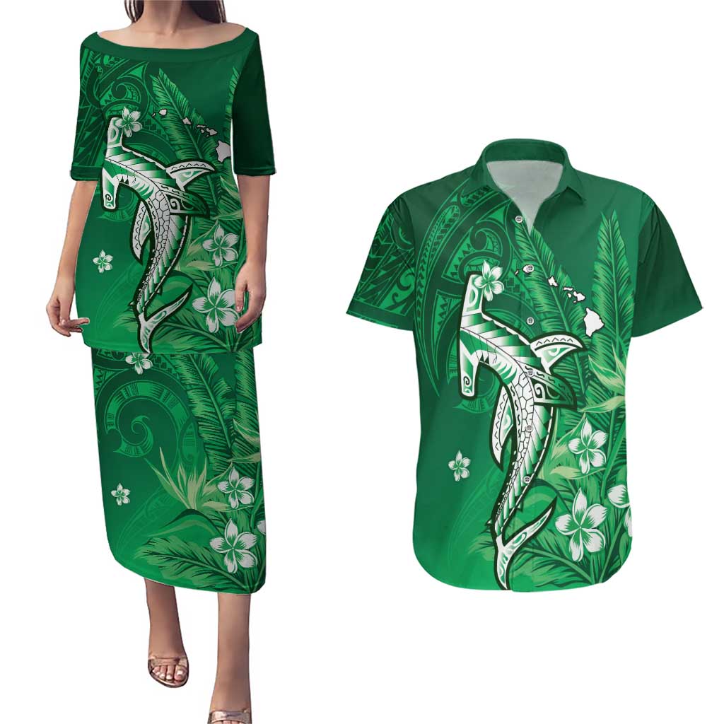 Personalized Hawaiian Maori Hammerhead Shark Couples Matching Puletasi and Hawaiian Shirt Omaomao Plumeria - Polynesian Pride