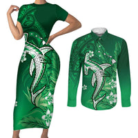 Personalized Hawaiian Maori Hammerhead Shark Couples Matching Short Sleeve Bodycon Dress and Long Sleeve Button Shirt Omaomao Plumeria - Polynesian Pride