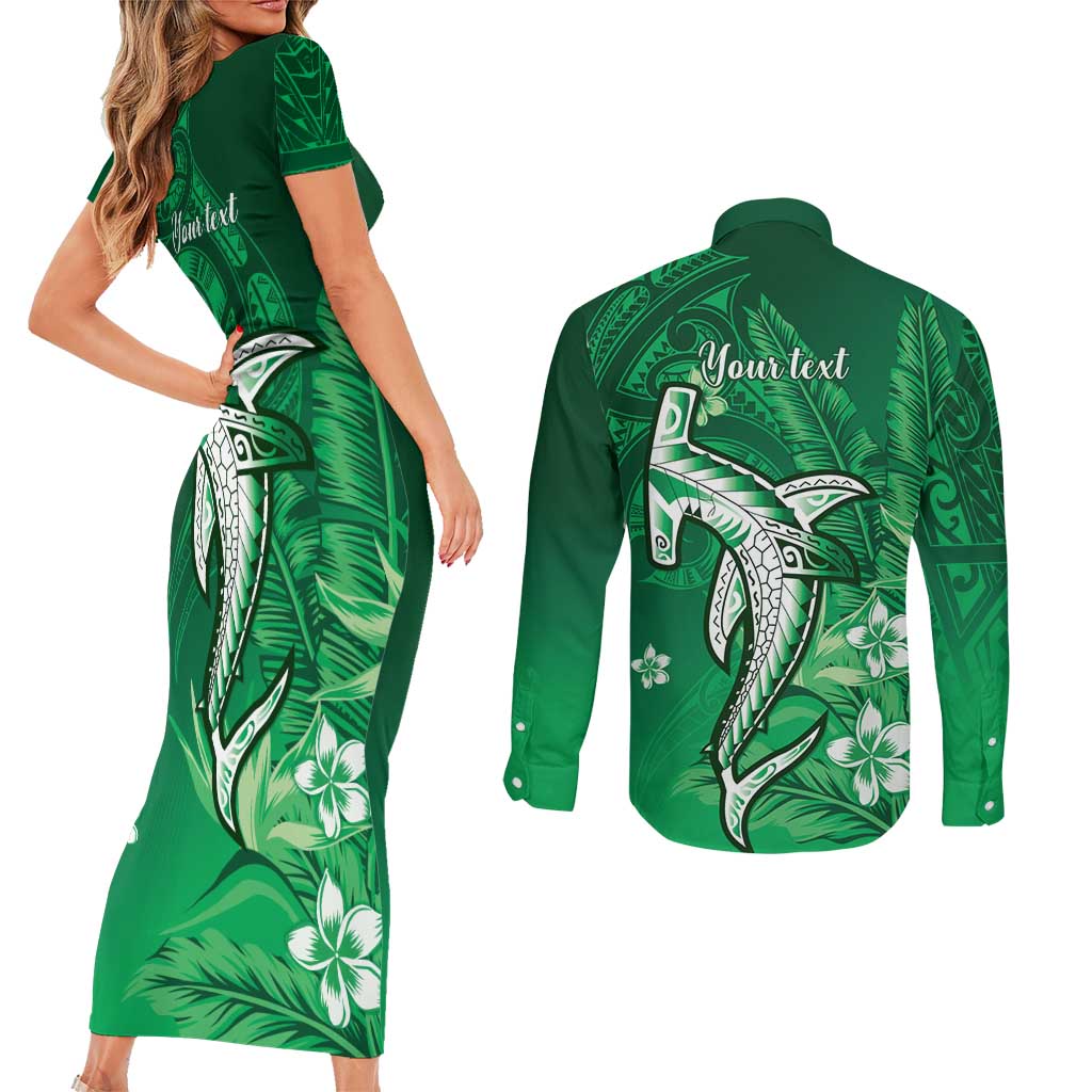 Personalized Hawaiian Maori Hammerhead Shark Couples Matching Short Sleeve Bodycon Dress and Long Sleeve Button Shirt Omaomao Plumeria - Polynesian Pride