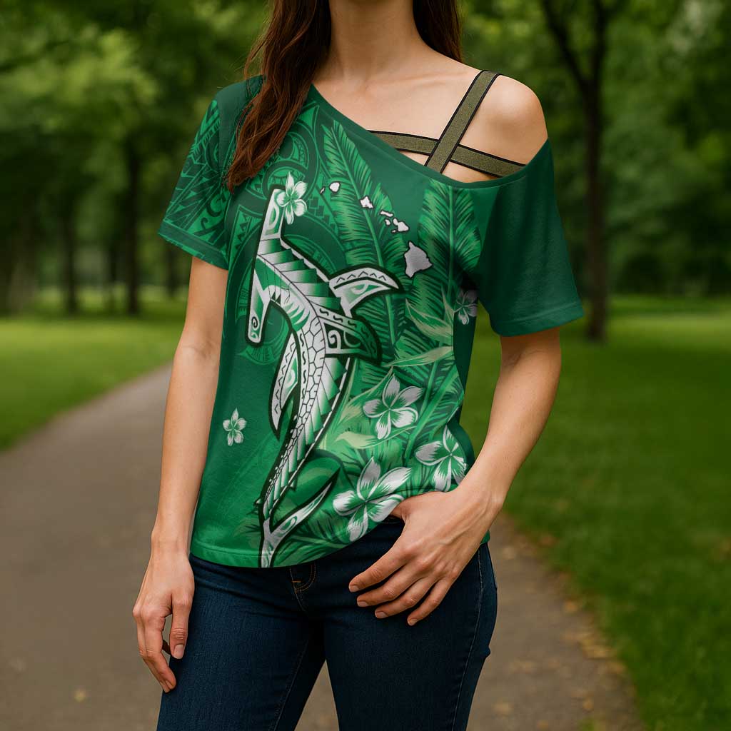 Personalized Hawaiian Maori Hammerhead Shark Cross Shoulder Shirt Omaomao Plumeria - Polynesian Pride