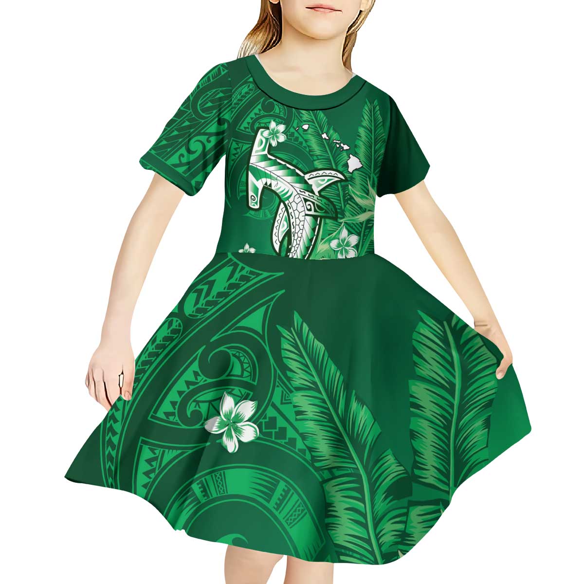 Personalized Hawaiian Maori Hammerhead Shark Kid Short Sleeve Dress Omaomao Plumeria LT9 - Polynesian Pride