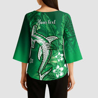 Personalized Hawaiian Maori Hammerhead Shark Kimono Sleeve Blouse Omaomao Plumeria - Polynesian Pride