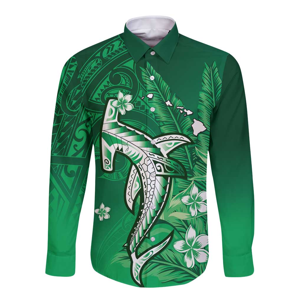 Personalized Hawaiian Maori Hammerhead Shark Long Sleeve Button Shirt Omaomao Plumeria - Polynesian Pride