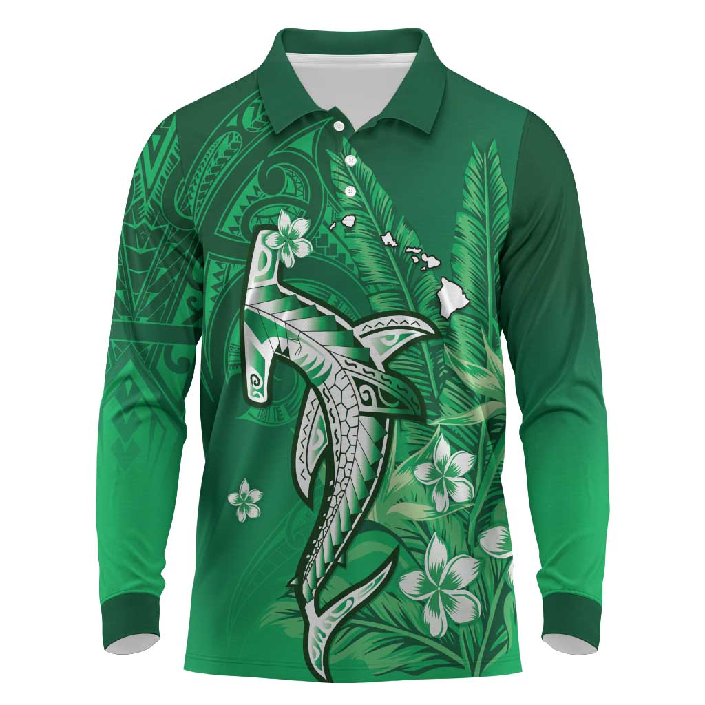 Personalized Hawaiian Maori Hammerhead Shark Long Sleeve Polo Shirt Omaomao Plumeria - Polynesian Pride