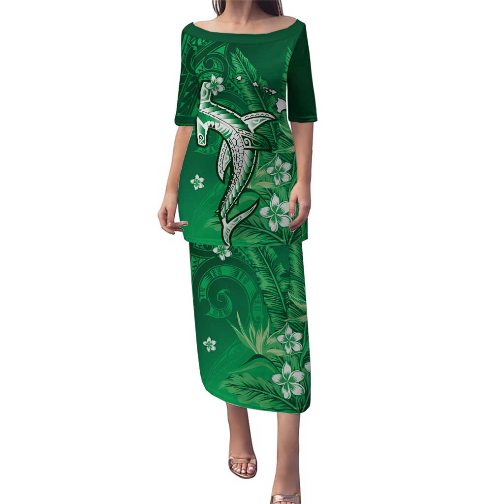 Personalized Hawaiian Maori Hammerhead Shark Puletasi Omaomao Plumeria LT9 Long Dress Green - Polynesian Pride