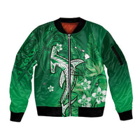 Personalized Hawaiian Maori Hammerhead Shark Sleeve Zip Bomber Jacket Omaomao Plumeria - Polynesian Pride