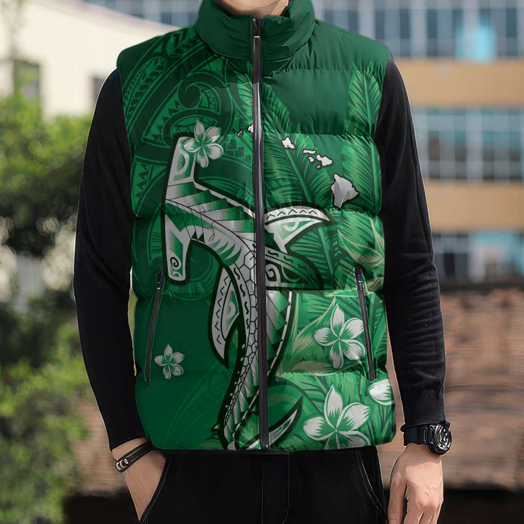 Personalized Hawaiian Maori Hammerhead Shark Sleeveless Puffer Jacket Omaomao Plumeria - Polynesian Pride