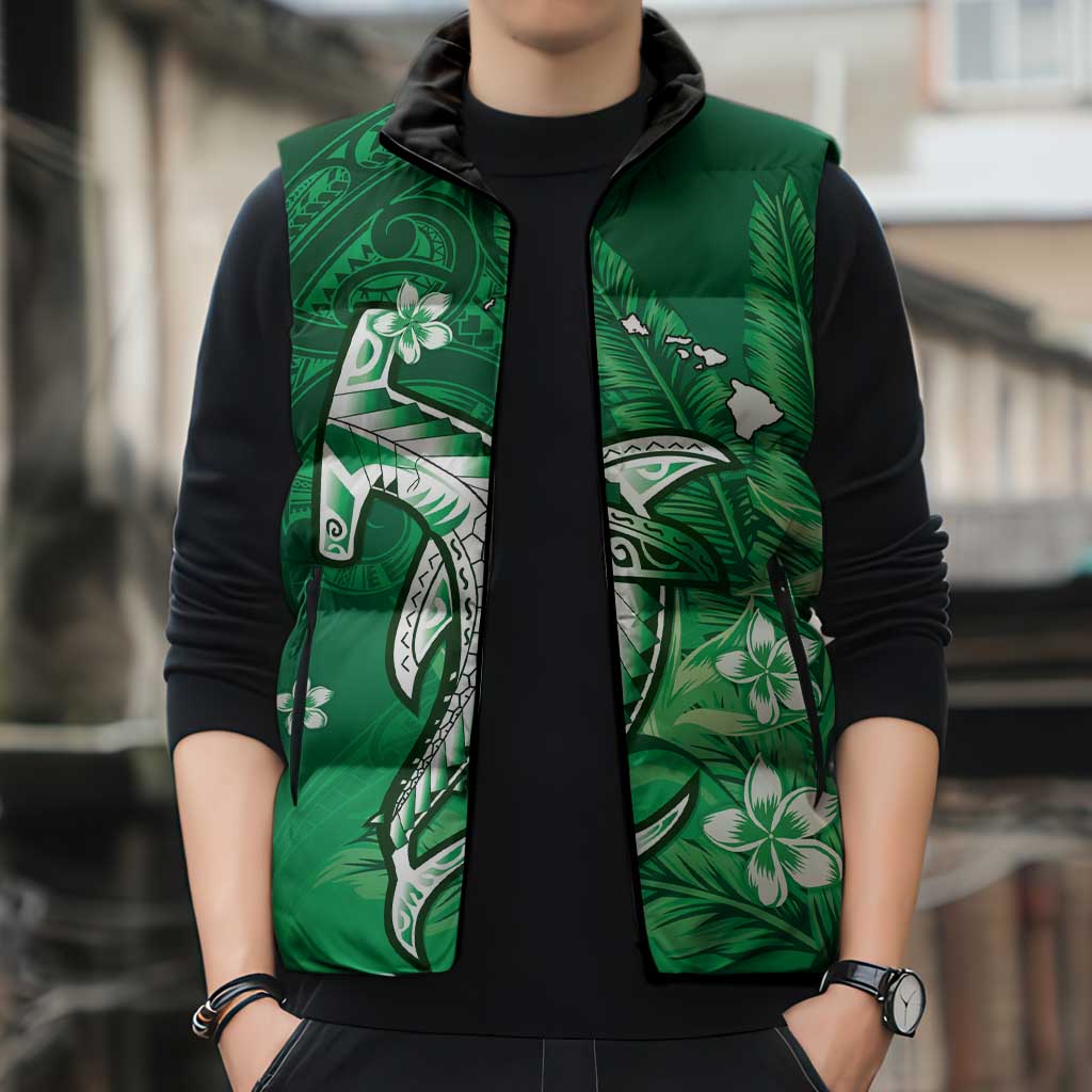 Personalized Hawaiian Maori Hammerhead Shark Sleeveless Puffer Jacket Omaomao Plumeria - Polynesian Pride