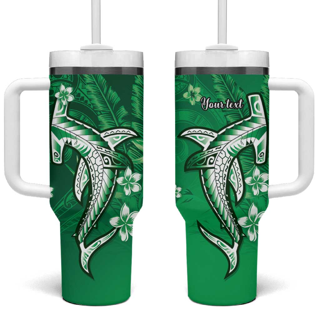 Personalized Hawaiian Maori Hammerhead Shark Tumbler With Handle Omaomao Plumeria - Polynesian Pride