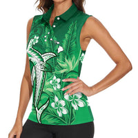 Personalized Hawaiian Maori Hammerhead Shark Women Sleeveless Polo Shirt Omaomao Plumeria - Polynesian Pride