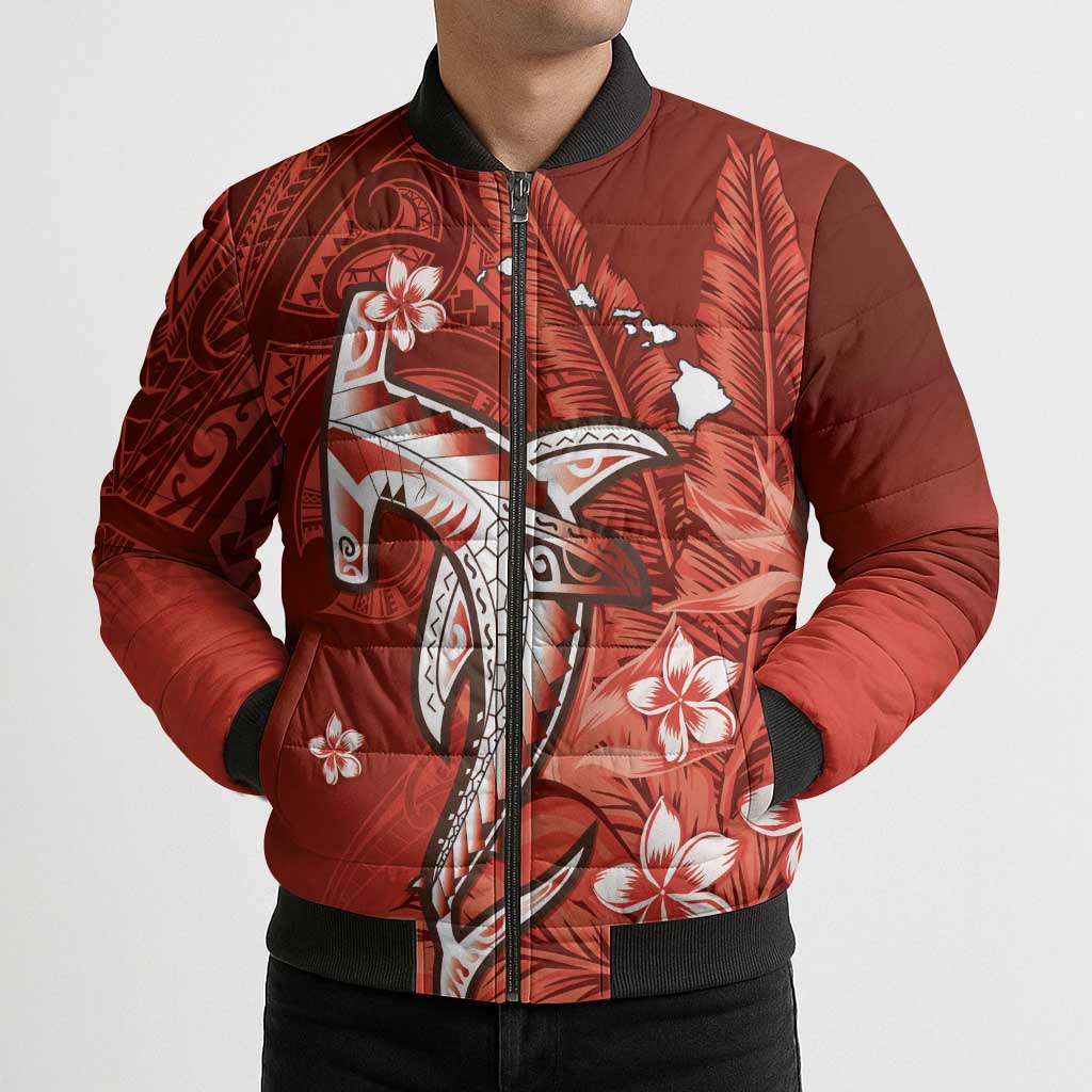 Personalized Hawaiian Maori Hammerhead Shark Bomber Puffer Jacket Ulaula Plumeria - Polynesian Pride
