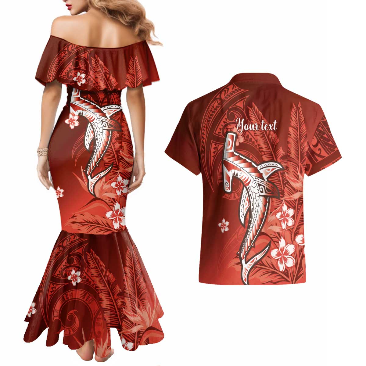 Personalized Hawaiian Maori Hammerhead Shark Couples Matching Mermaid Dress and Hawaiian Shirt Ulaula Plumeria - Polynesian Pride