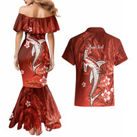 Personalized Hawaiian Maori Hammerhead Shark Couples Matching Mermaid Dress and Hawaiian Shirt Ulaula Plumeria - Polynesian Pride