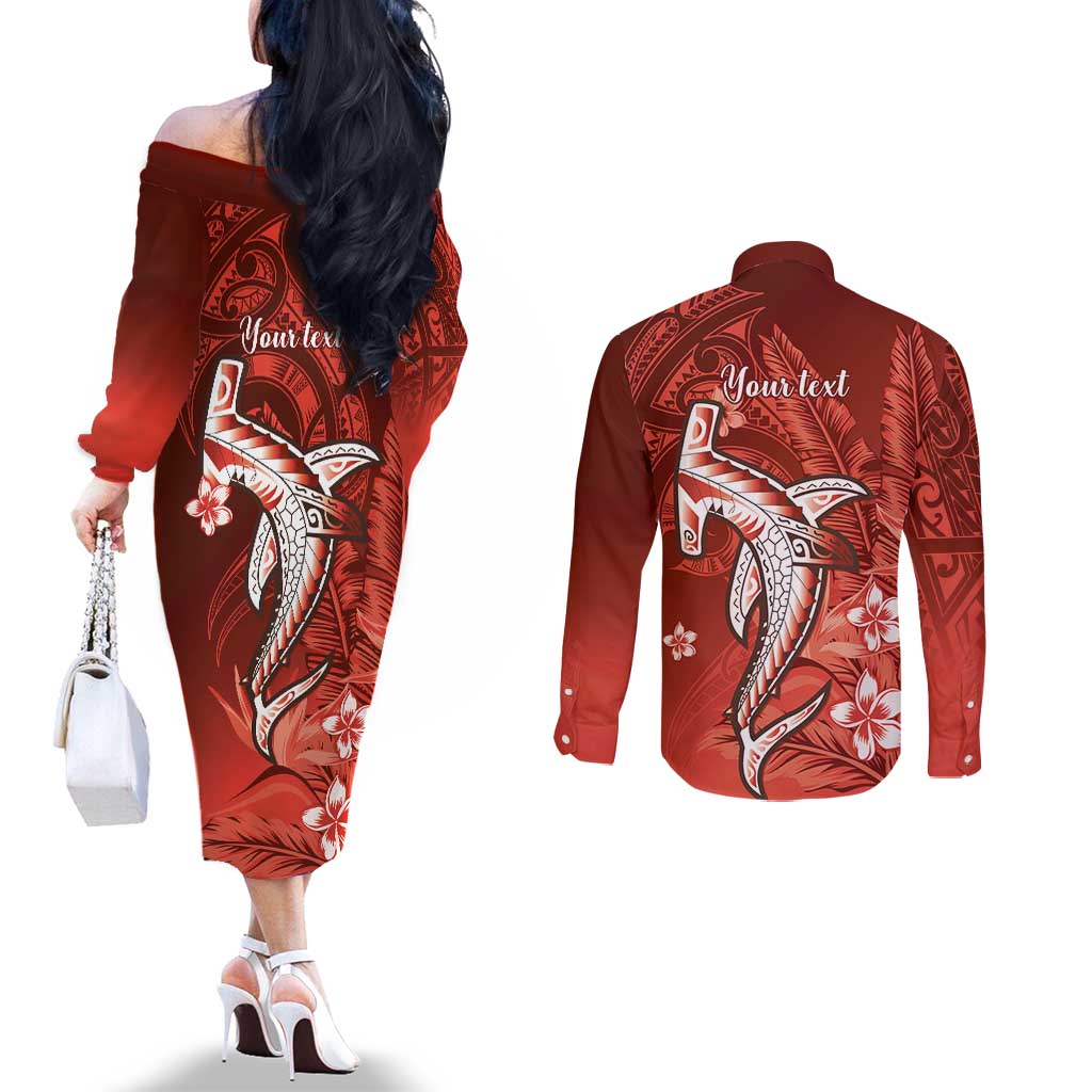Personalized Hawaiian Maori Hammerhead Shark Couples Matching Off The Shoulder Long Sleeve Dress and Long Sleeve Button Shirt Ulaula Plumeria - Polynesian Pride