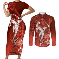 Personalized Hawaiian Maori Hammerhead Shark Couples Matching Short Sleeve Bodycon Dress and Long Sleeve Button Shirt Ulaula Plumeria - Polynesian Pride