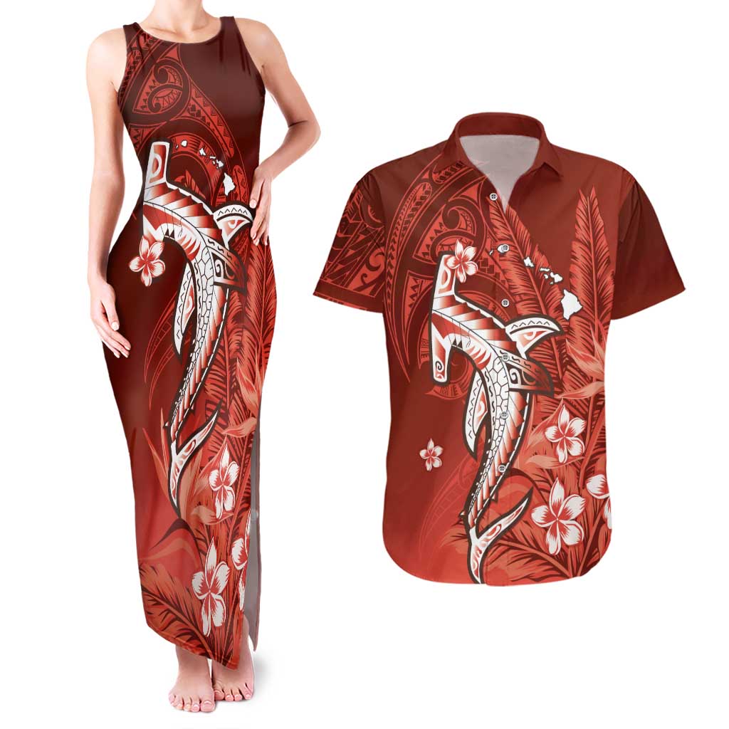 Personalized Hawaiian Maori Hammerhead Shark Couples Matching Tank Maxi Dress and Hawaiian Shirt Ulaula Plumeria - Polynesian Pride