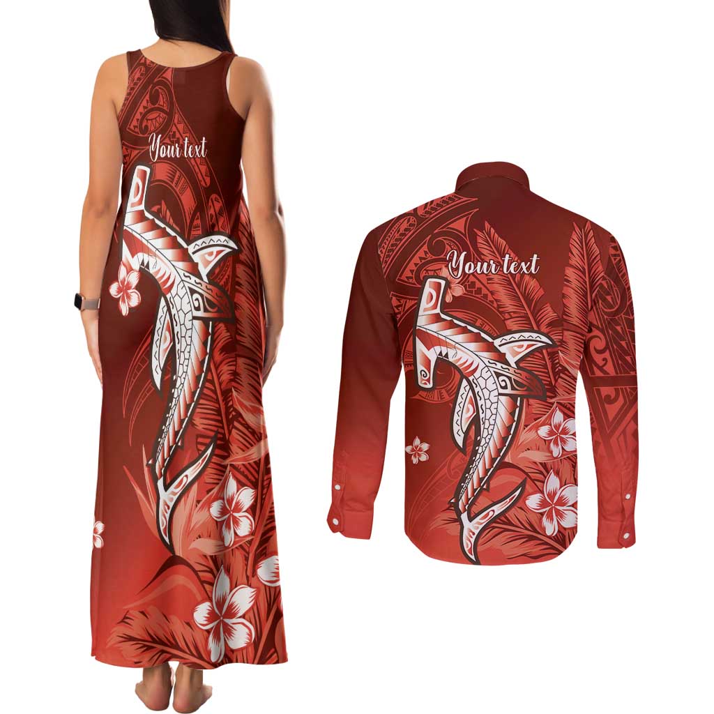 Personalized Hawaiian Maori Hammerhead Shark Couples Matching Tank Maxi Dress and Long Sleeve Button Shirt Ulaula Plumeria - Polynesian Pride