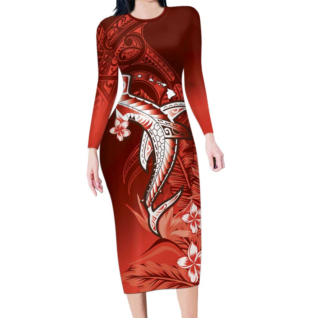 Personalized Hawaiian Maori Hammerhead Shark Family Matching Long Sleeve Bodycon Dress and Hawaiian Shirt Ulaula Plumeria
