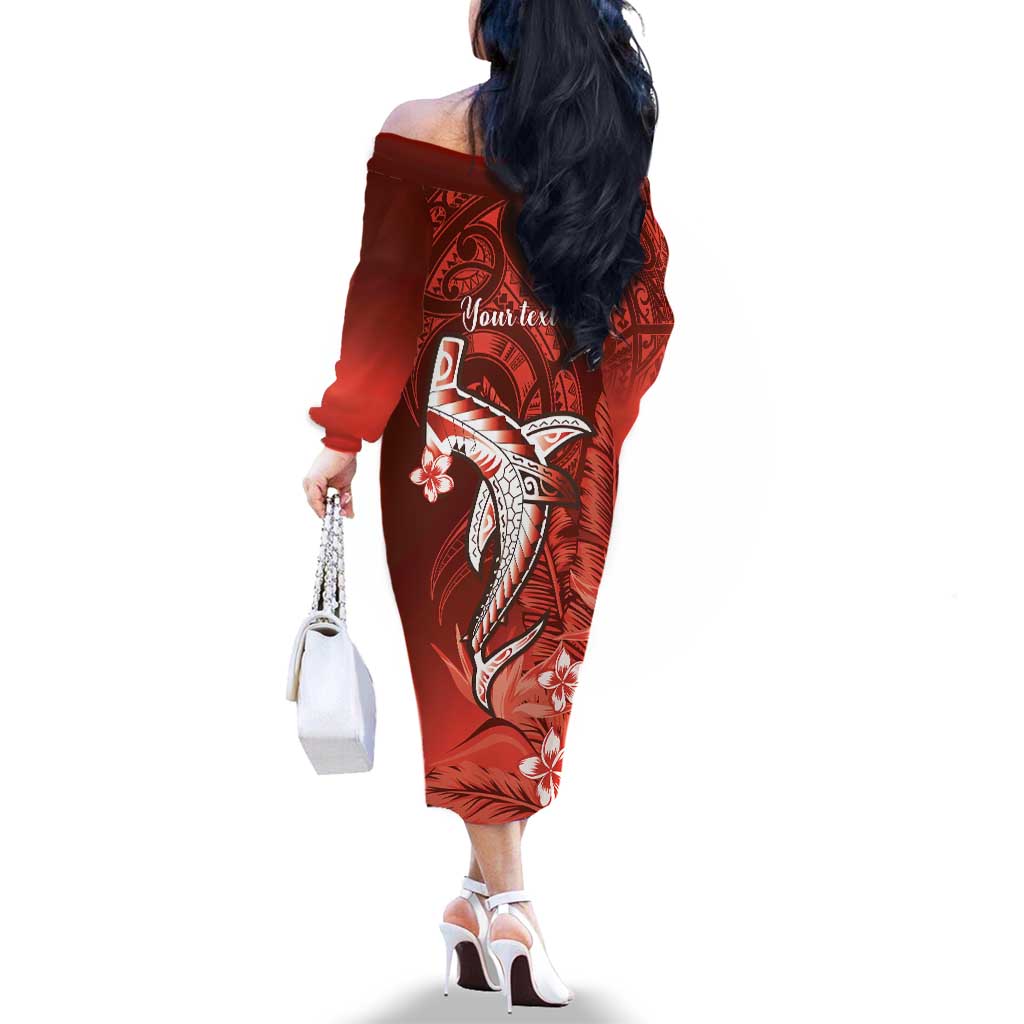 Personalized Hawaiian Maori Hammerhead Shark Family Matching Off The Shoulder Long Sleeve Dress and Hawaiian Shirt Ulaula Plumeria