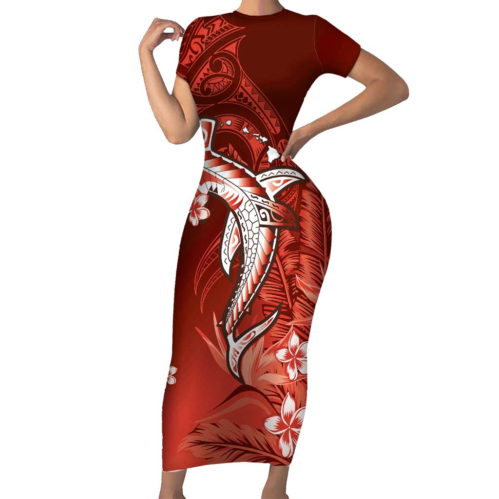 Personalized Hawaiian Maori Hammerhead Shark Family Matching Short Sleeve Bodycon Dress and Hawaiian Shirt Ulaula Plumeria