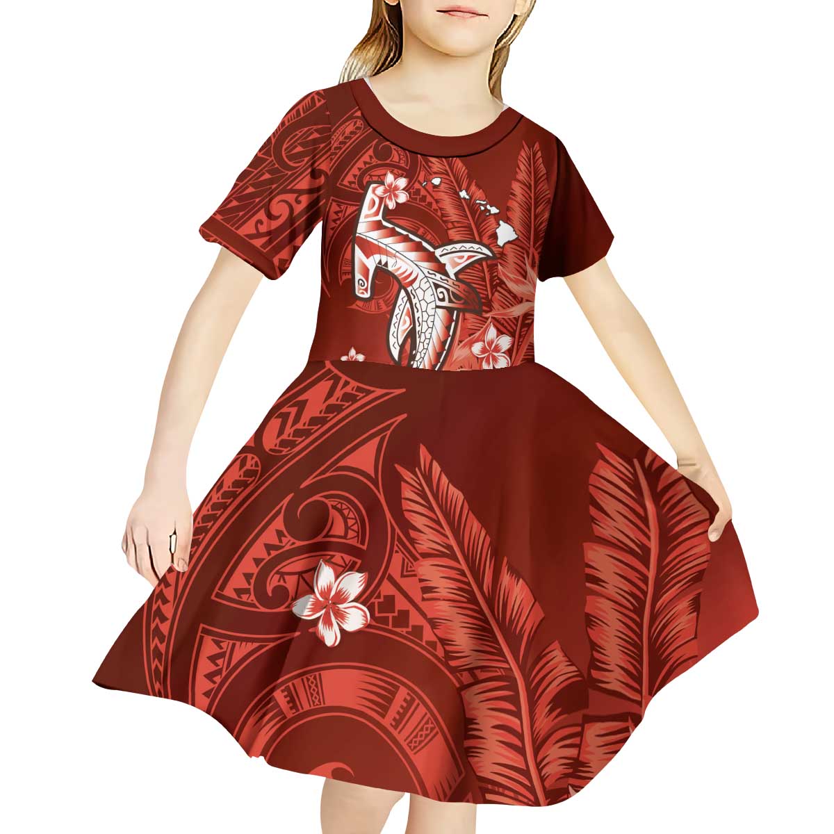 Personalized Hawaiian Maori Hammerhead Shark Kid Short Sleeve Dress Ulaula Plumeria - Polynesian Pride