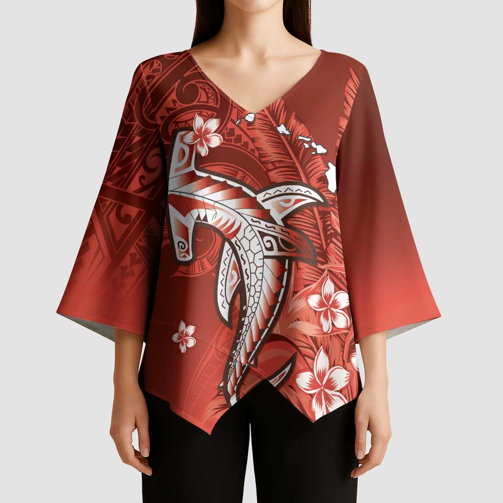 Personalized Hawaiian Maori Hammerhead Shark Kimono Sleeve Blouse Ulaula Plumeria - Polynesian Pride